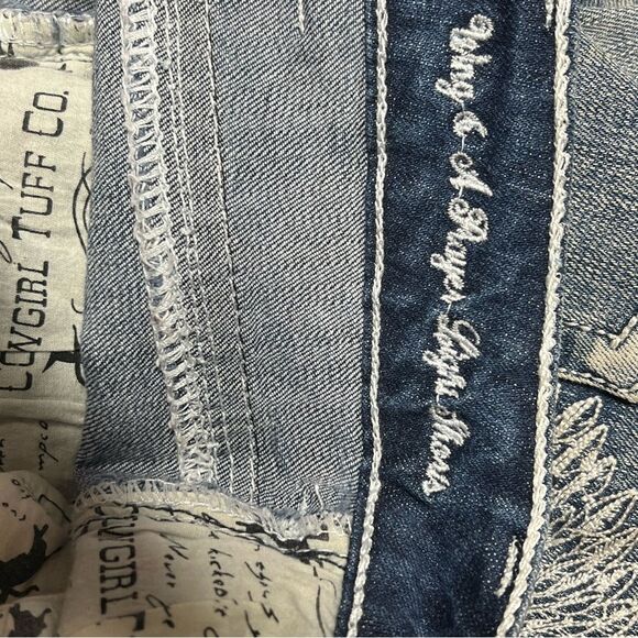 Cowgirl Tuff “ A Wing And A Prayer “ distressed Denim Embossed Shorts Sz 29 - Picture 6 of 7